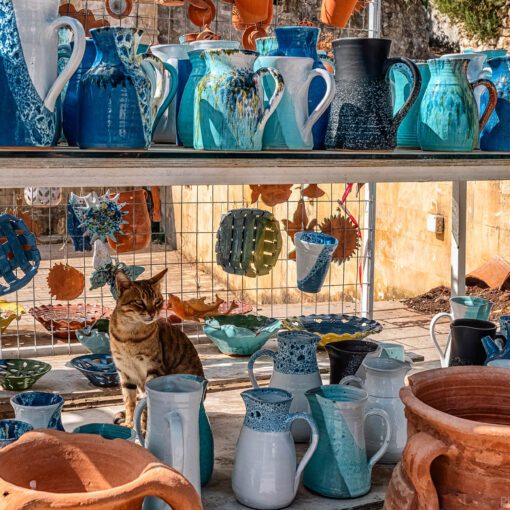 Mačka medzi krétskymi džbánmi v dedine Margarites