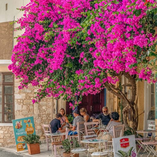 Kaviareň pod bugenvileou v Margarites na Kréte